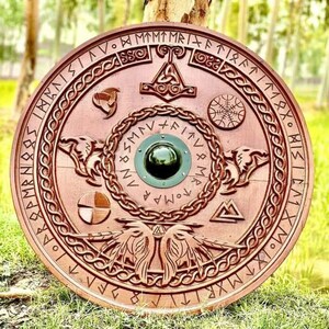 Viking Shield with Norse Runes | Handcrafted Wooden Shield | Viking Warrior Round Shield | Norse Mythology Decor | Gift For Husband