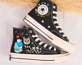 Custom Embroidered Cat, Book and Flowers Converse