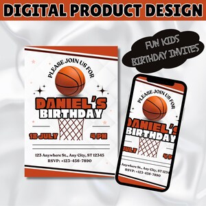 Orange und weiße moderne Basketball-Geburtstags-Einladung, Kinder-Geburtstags-Einladung, Illustrative Sportkarte, Party einladen, Kindergewohnheit einladen.
