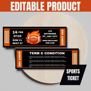 Orange Black Editable Rugby Ticket Design, American Sport Ticket Template, Printable Game Ticket, Customizable Rugby Ticket, Editable Ticket