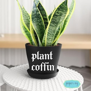 May include: A potted snake plant with green and yellow striped leaves. The plant is in a black pot with the words "plant coffin" in white gothic font. The pot sits on a white, textured table.