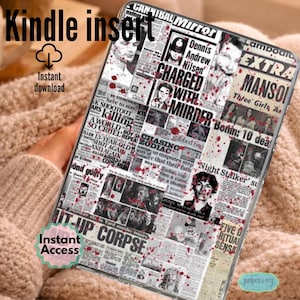 May include: A rectangular Kindle insert featuring a collage of vintage newspaper headlines and black and white photographs of various criminal cases, overlaid with scattered red blood-like splatters across the entire surface design.