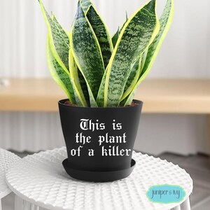 May include: A potted snake plant with green and yellow striped leaves. The black pot has the text "This is the plant of a killer" in white gothic font. The pot sits on a white, textured surface.