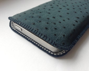 Cell phone casecustom-made - leather ostrich texture dark blue