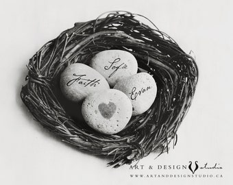 Personalized Name on Stone Art, Birthday Gift for Her, Mothers Nest Art Print, Mothers Gifts for Her, Family Name Art, Family Nest Print