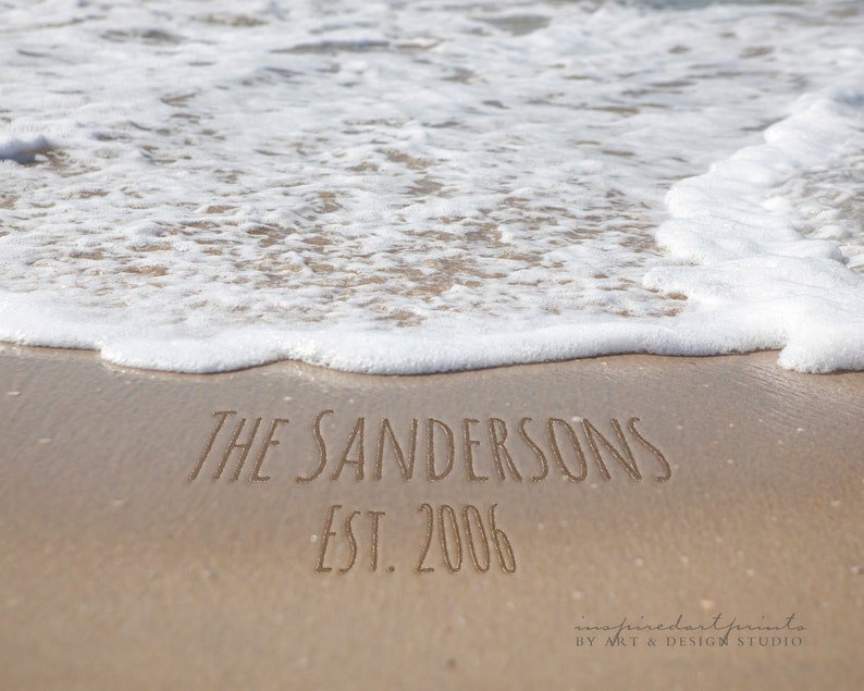 Beach Decor, Personalized Names In Sand Photo, Anniversary Gift, Housewarming Gift, Coastal Decor, Nautical Decor, Beach Writing, Wall Art image 1