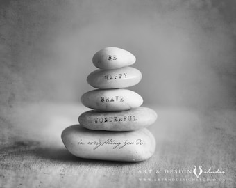 Zen Minimalism Art, Yoga Print, Zen Artwork, Stacking Stones with Inspirational Words, Gratitude Stone, Be Happy, Happiness Quote Art Print