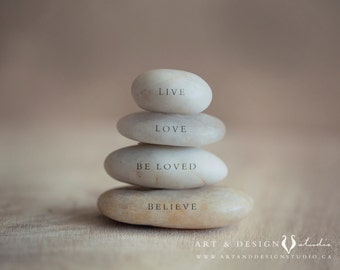 Zen Stack Stone Art Print with Motivational Words, Inspirational Yoga Art Meditation Space Intention Manifesto Print, Live Love Believe