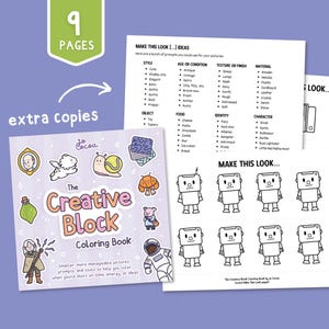 May include: A coloring book titled "The Creative Block" with the Cocoa logo, featuring illustrations of a snail, astronaut, and other characters. Additional pages include prompts and ideas for coloring. The words "9 pages" are visible.