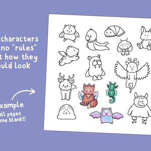May include: A white sheet featuring black line art illustrations of various creatures, including a bat, a walrus, a deer, and a winged animal. Three of the characters are colored in shades of red, green, and purple. Text reads: Cute characters with no rules about how they should look. Example (all pages come blank!).