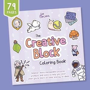 May include: A colouring book titled "The Creative Block Coloring Book" with 79 pages. The cover features whimsical illustrations of a snail with a tennis ball shell, a pig in a coat, and an astronaut. The book is designed to help with colouring when short on time or ideas.