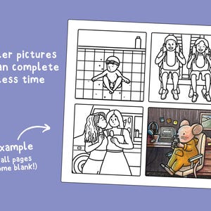 Black and white illustrations in a 4x4 grid on one page, with one of the sections (a mouse reading) colored in to demonstrate the finished effect. Other sections include a child holding their breath underwater, two people on a rollercoaster, and a couple on their wedding day. Text next to the example page reads "Smaller pictures you can complete in less time."