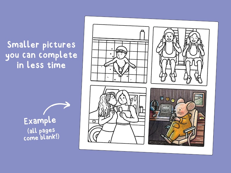 Black and white illustrations in a 4x4 grid on one page, with one of the sections (a mouse reading) colored in to demonstrate the finished effect. Other sections include a child holding their breath underwater, two people on a rollercoaster, and a couple on their wedding day. Text next to the example page reads "Smaller pictures you can complete in less time."