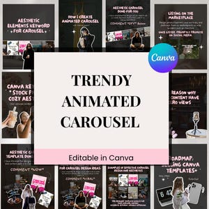 May include: Image promoting Canva templates for animated carousels. The central text reads "Trendy Animated Carousel" and "Editable in Canva." Additional text provides tips on design, keywords, and marketplace listings.