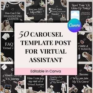 May include: A digital product advertisement for 50 carousel template posts for virtual assistants. The templates are editable in Canva and feature various topics, including client acquisition, daily routines, and course promotion. The design is black and white with colorful accents.
