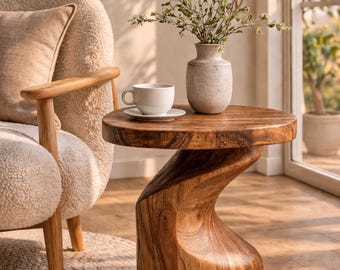 Massief houten gebeeldhouwde bijzettafel – organisch modern accent – artistieke bijzettafel – Japandi minimalistisch decor