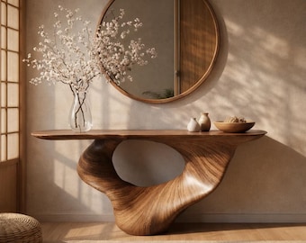 Consolle organica realizzata a mano – Design scultoreo con bordo naturale, pezzo d'arredamento di grande impatto per l'ingresso in stile giapponese.
