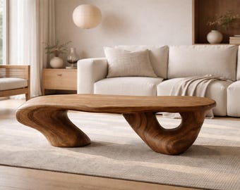Rzeźbiony stolik kawowy z drewna – organiczny design w stylu Japandi, nowoczesny, wyrazisty mebel do salonu