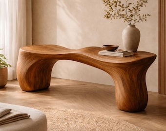 Handcrafted Wooden Bench – Sculptural Japandi Design, Organic Modern Entryway Seating