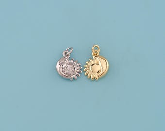 18K Gold Filled Sun and Moon Pendant, Sunburst  Crescent Moon Charm Necklace,DIY Jewelry Making Supply