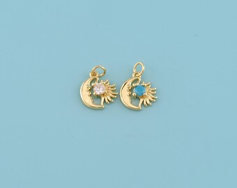 18K Gold Filled Sun and Moon Pendant, Sunburst  Crescent Moon Charm Necklace,DIY Jewelry Making Supply