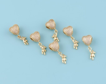 Cuentas espaciadoras de corazón rellenas de oro de 18 quilates, cuentas con agujeros grandes en forma de corazón, cuentas con agujeros grandes de CZ, cuentas para pulseras, joyas de oso, suministros para hacer joyas de bricolaje