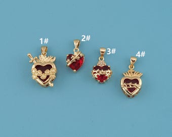 18K guldfyllda CZ röda heliga hjärta berlocker, helig kärlek berlock, tidlöst halsband, katolska kristna smycken, ex-voto hänge, religiösa berlocker