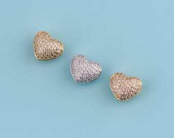 Cuentas espaciadoras de corazón rellenas de oro de 18 quilates, pulsera con dije de corazón con micropavé de circonita cúbica, cuentas de amor, cuentas con agujeros grandes, joyería DIY