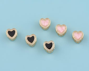 Cuentas espaciadoras de corazón rellenas de oro de 18 quilates, pulsera con dije de corazón con micropavé de circonita cúbica, cuentas de amor, cuentas con agujeros grandes, joyería DIY