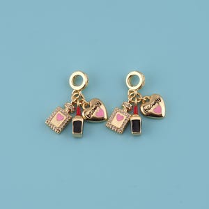 18K Gold Filled Makeup Charms,CZ Micro Pave Perfume Bottle Pendant,Enamel Lipstick Charm,Heart-shaped jewelry,DIY Jewelry Making Supply