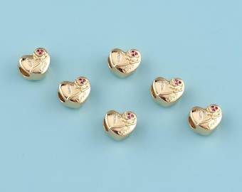 Cuentas espaciadoras de corazón rellenas de oro de 18 quilates, pulsera con dije de corazón con micropavé de circonita cúbica, cuentas de amor, cuentas con agujeros grandes, joyería DIY