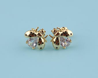14 kイエローゴールドエナメルてんとう虫ポストスタッドピアス動物の昆虫ファインジュエリーギフト用女性用彼女