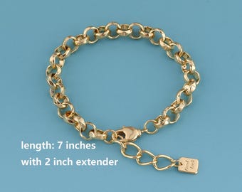 Bracelet ovale en or 18 carats, bracelet à fermoir mousqueton, bracelet chaîne Rolo, chaîne réglable en or, bracelet à maillons
