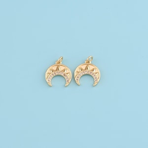 18K Gold Filled Crescent Moon Pendant,CZ Micro Pave double horns Charm Necklace,DIY Jewelry Making Supply