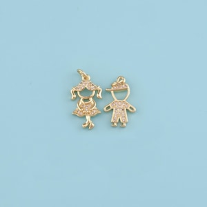 18K Gold Filled Boy and Girl Pendant,CZ  Boy and Girl Pendant,Kids Charm,Boy Girl Charm Bracelet Necklace for DIY Jewelry Making Supply