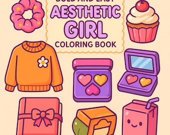 Può includere: Copertina del libro da colorare Aesthetic Girl con illustrazioni di uno scrunchie rosa, un maglione arancione, un cupcake, un astuccio per il trucco, un libro, un barattolo, una scatola di succo e una piccola scatola arancione. Il testo recita "Bold and Easy Aesthetic Girl Coloring Book."