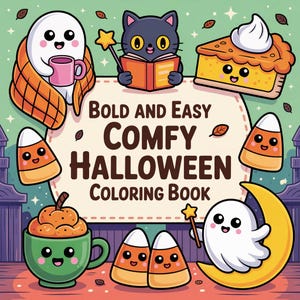 May include: A coloring book cover titled BOLD AND EASY COMFY HALLOWEEN COLORING BOOK, featuring illustrations of a ghost in a blanket, a cat with a wand, a slice of pumpkin pie, candy corn, a pumpkin drink, and a ghost on a crescent moon.