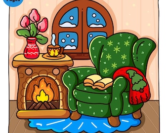 Op de afbeelding: Een illustratie van een gezellige winterscène. Een groene fauteuil met een boek en een rode deken staat bij een open haard met vuur. Een tafel met een vaas bloemen en een raam met sneeuw completeren de scène. De tekst luidt "Bold and Easy Cozy Winter Coloring Pages".
