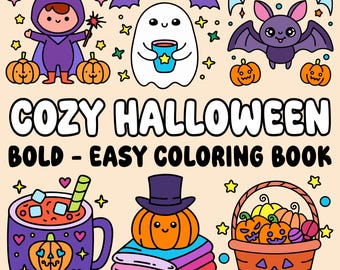 May include: A colorful illustration for a Halloween-themed coloring book. The image features a wizard, ghost, bat, pumpkins, and a basket of pumpkins. The text reads "Cozy Halloween Bold - Easy Coloring Book."