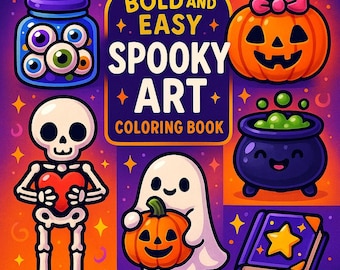 May include: A colorful illustration for a Halloween-themed coloring book. The image features a jar of eyeballs, a jack-o'-lantern, a cauldron, a skeleton holding a heart, a ghost with a pumpkin, and a spell book. The text reads "BOLD AND EASY SPOOKY ART COLORING BOOK."
