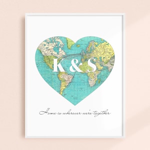 Personalized Initials Heart Map Print - Anniversary Gift for Boyfriend, Husband or Wife, Housewarming Gift for Friends, World Map Wall Art