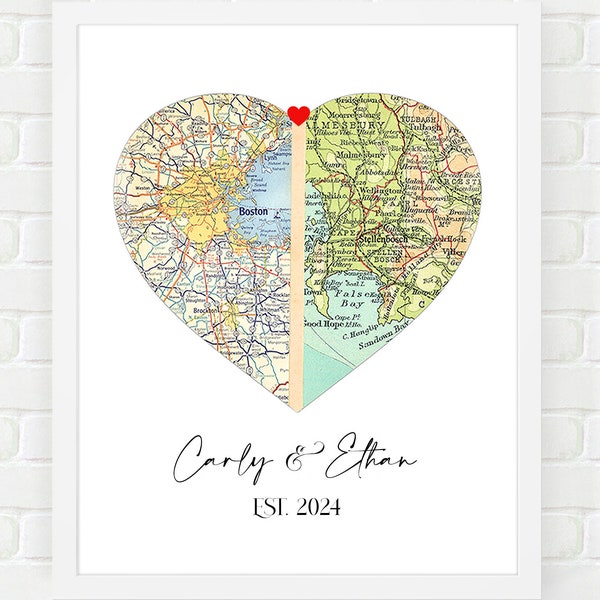 Custom Heart Map for Couples, Personalized Bridal Shower Gift, Paper Anniversary, Engagement Gift, 2 City Map Wall Art Print