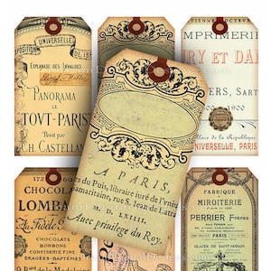 Paris Printable French Ephemera for Gift Tags, Junk Journal Papers or Price Tags. Paris Ephemera Tags Instant Download Collage Sheet image 1