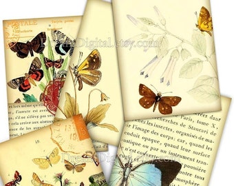 Schmetterlinge digitale Collage Blatt, Geschenk-Tags ACEO Weinleseillustration druckbare