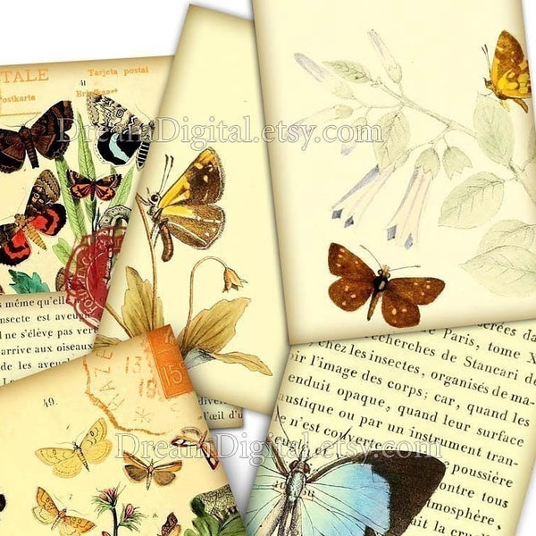 Butterflies Digital Collage Sheet,  Gift Tags ACEO Vintage Illustration Printable