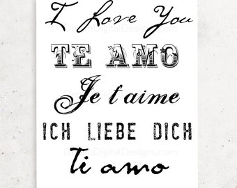Sztuka do druku - Kocham Cię w różnych językach, Wydruk typograficzny, Walentynki, Natychmiastowe pobieranie sztuki ściennej, Czarno-białe i kolorowe