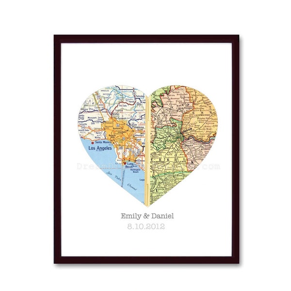 Map Art, Custom Wedding Gift, Anniversary Gift, Valentines Gift, Engagement, Heart Map Print, Custom Map, Any 2 Locations