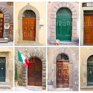 May include: A collage of eight arched doorways with various colored doors, some with decorative hardware. The doors are made of wood and have different styles and designs. Some of the doorways are adorned with stonework and have a rustic charm.