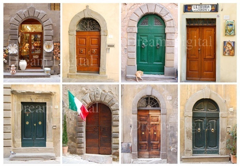 May include: A collage of eight arched doorways with various colored doors, some with decorative hardware. The doors are made of wood and have different styles and designs. Some of the doorways are adorned with stonework and have a rustic charm.