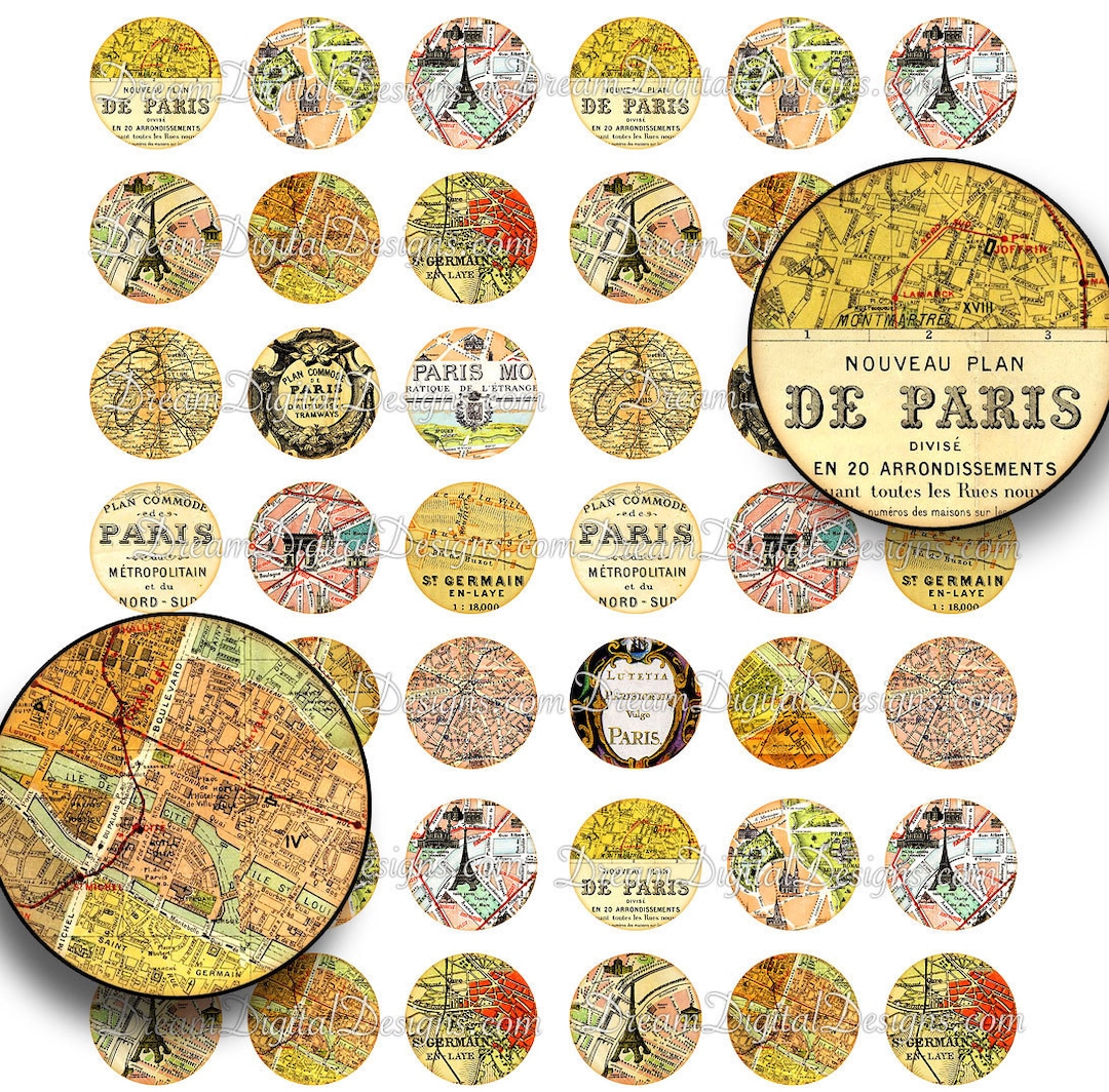 Paris Antique Maps, 1 Inch Circles - Printable Vintage French Paris Map ...